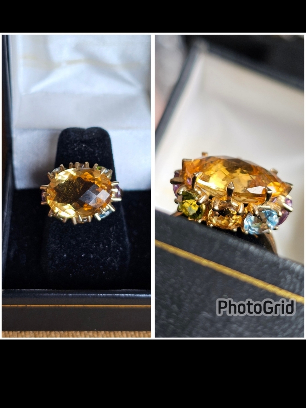 Amazing gemstone ring! Stamped 10k. Size 8. Large citrine with peridot, blue top